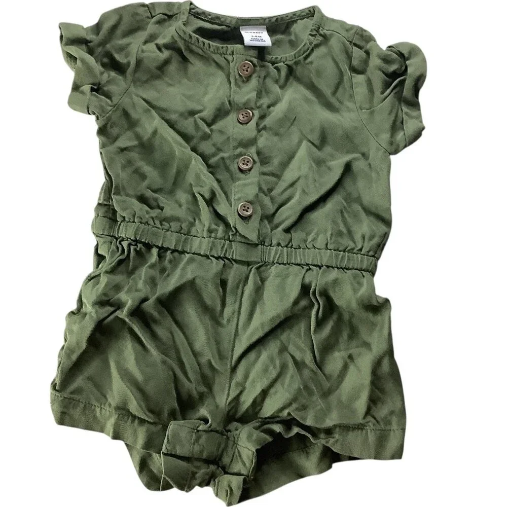 Old Navy Baby Girl Green Romper Jumpsuit‎ Button Elastic Waist Short Sleeve 3-6M